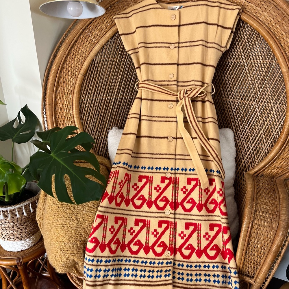 Rare Vintage Wacoal Tan and Red Button-Up Dress wool embroidered